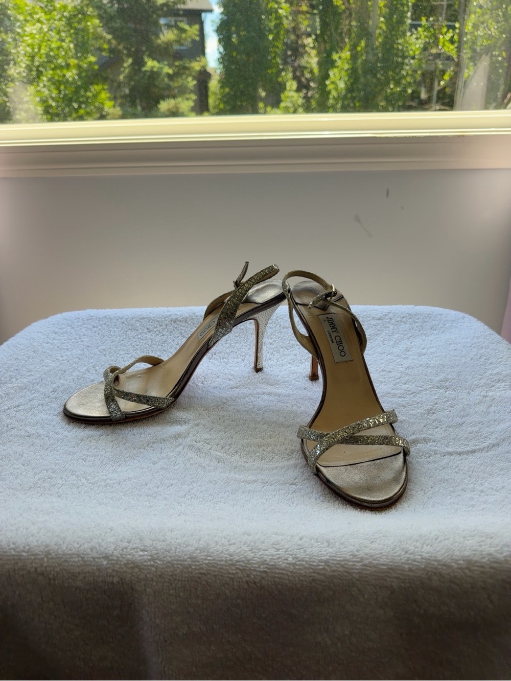 Jimmy Choo Gold Glitter Strappy Sandal Heels – Size 41 – Made in Italy